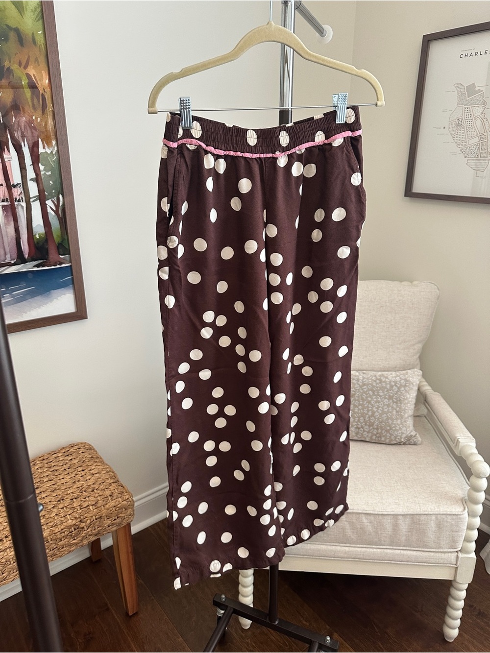 Maeve Brown Polka Dot Pants with Pink Trim